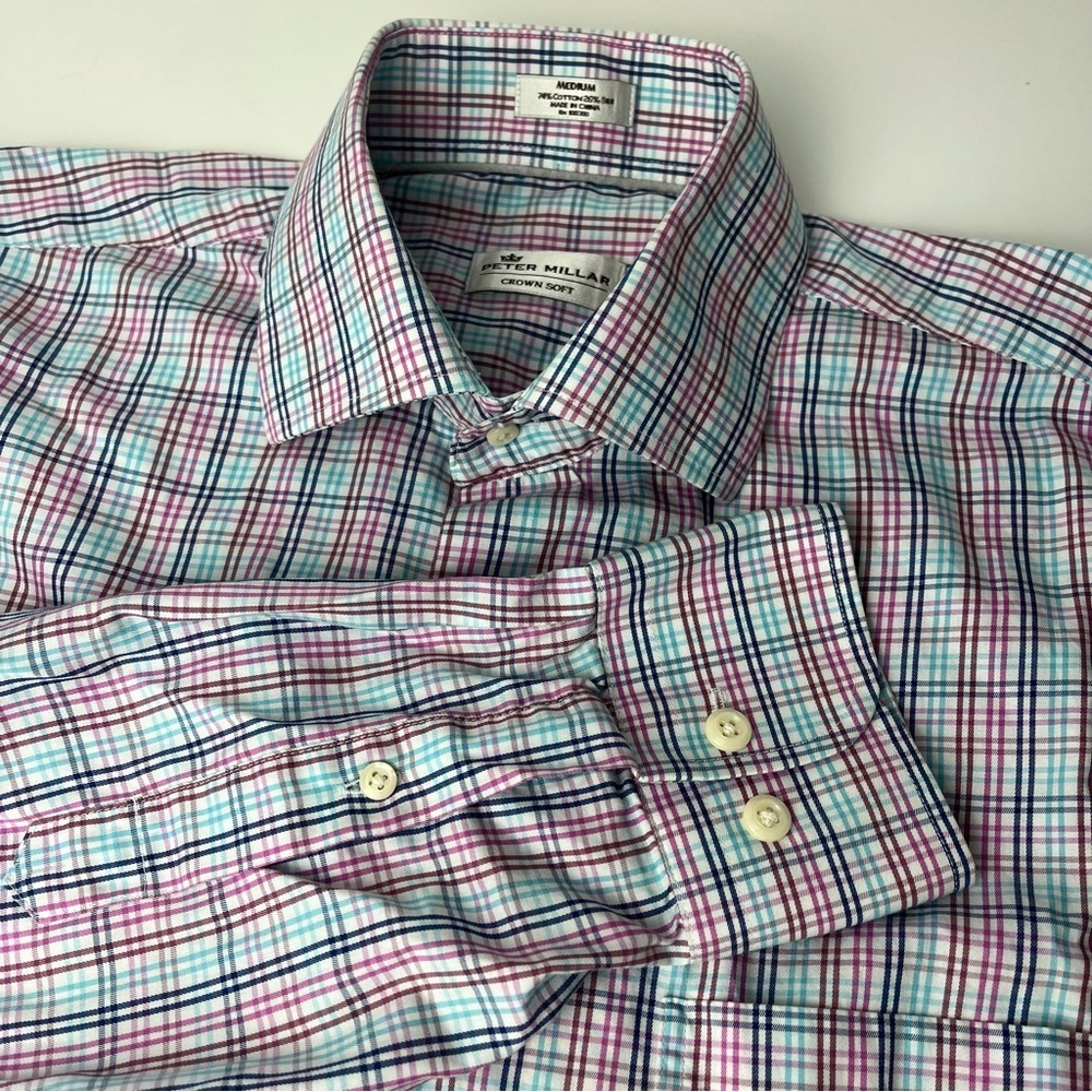 Peter Millar Crown Soft Button Down Shirt Blue Pink Plaid Cotton Silk EUC Sz Med